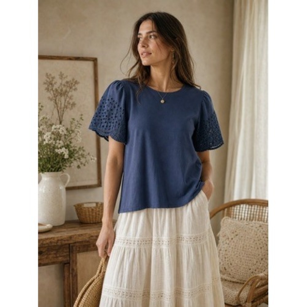 Elie Tahari Women 1X Blue Eyelet‎ Puff Short Sleeve Cotton Modal Knit Top Tee